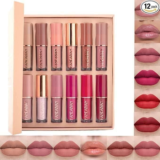 Set of lip glosses in various shades with a display box, shown on lips for color reference.