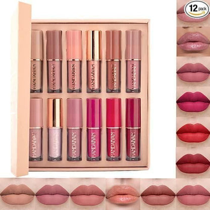 Set of lip glosses in various shades with a display box, shown on lips for color reference.