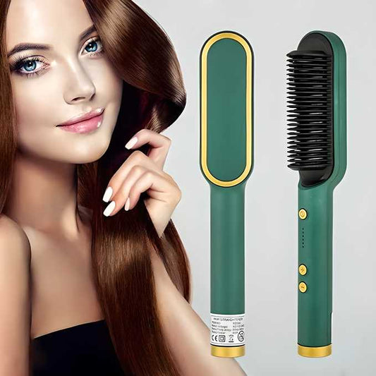 Woman with long hair next to a green hair styling tool on a light gray background