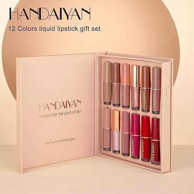 HANDAIYAN 12-color liquid lipstick gift set with open box on a beige background