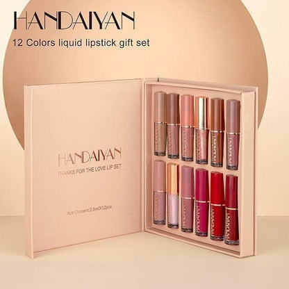 HANDAIYAN 12-color liquid lipstick gift set with open box on a beige background