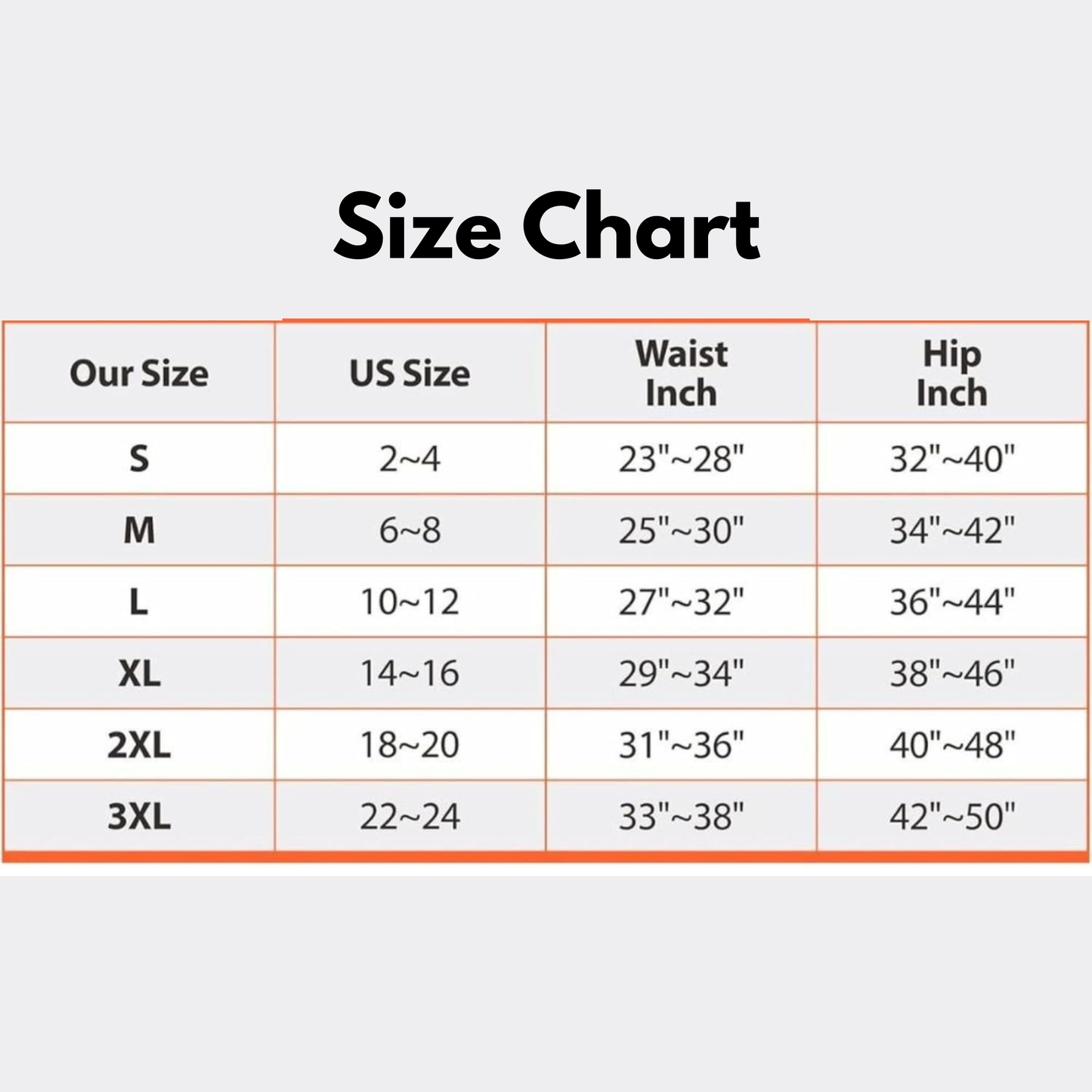 Size chart for clothing with US size, waist inch, and hip inch measurements.