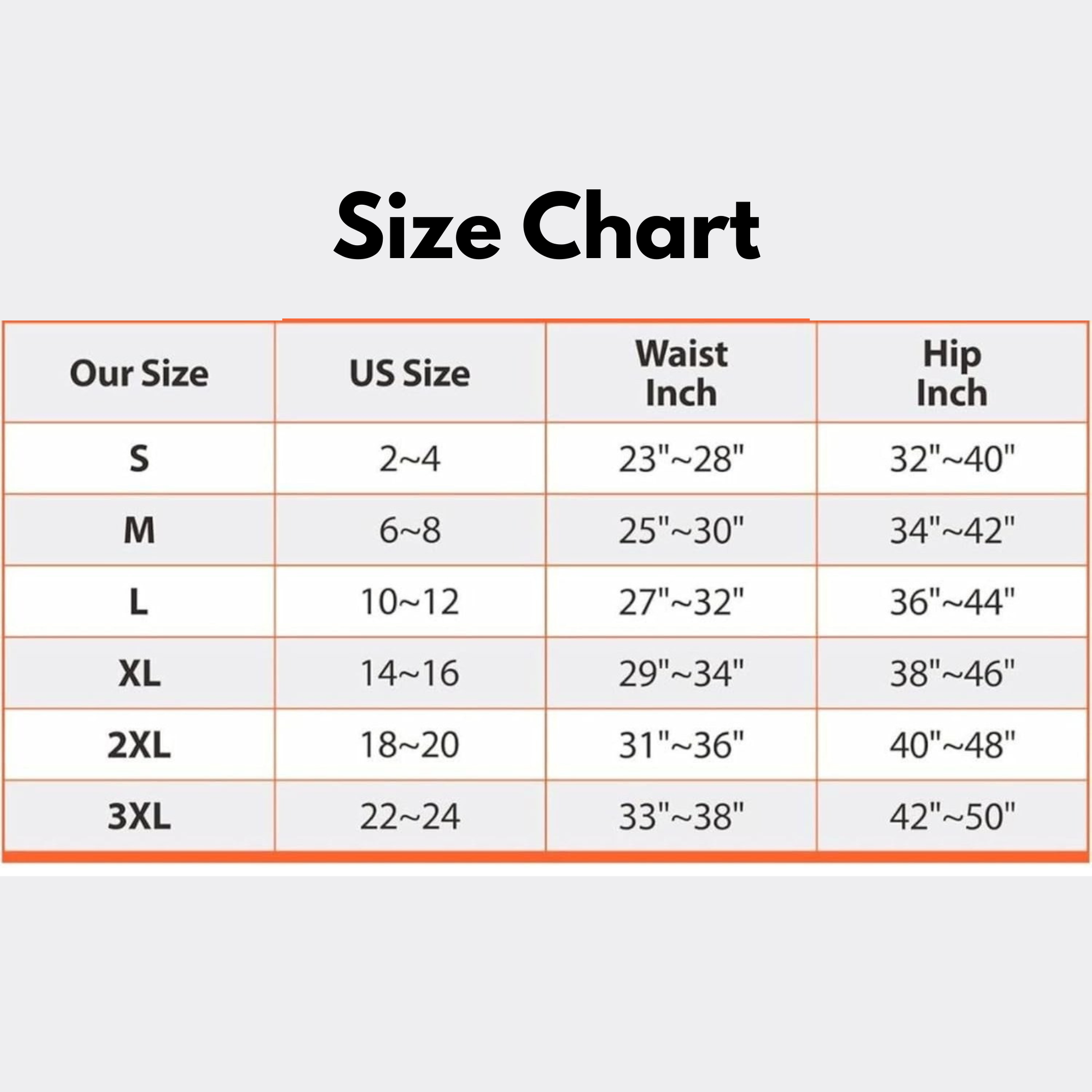 Size chart for clothing with US size, waist inch, and hip inch measurements.