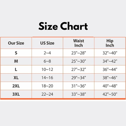 Size chart for clothing with US size, waist inch, and hip inch measurements.